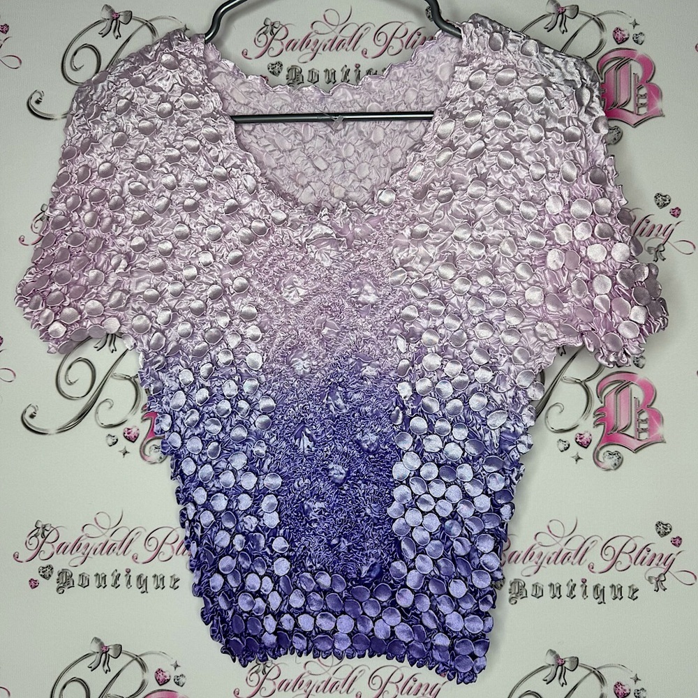 Bubble top y2k Purple & white ombré shirt one size fits all floral ruffle shiny